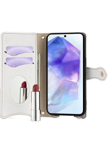 Samsung Galaxy A55 5g Deri Kılıf Cüzdan Standı Kapak Düzensiz Kuyruk Stili Zincir Askı-Beyaz (Yurt Dışından)