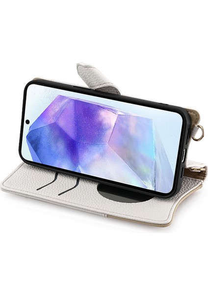 Samsung Galaxy A55 5g Deri Kılıf Cüzdan Standı Kapak Düzensiz Kuyruk Stili Zincir Askı-Beyaz (Yurt Dışından)
