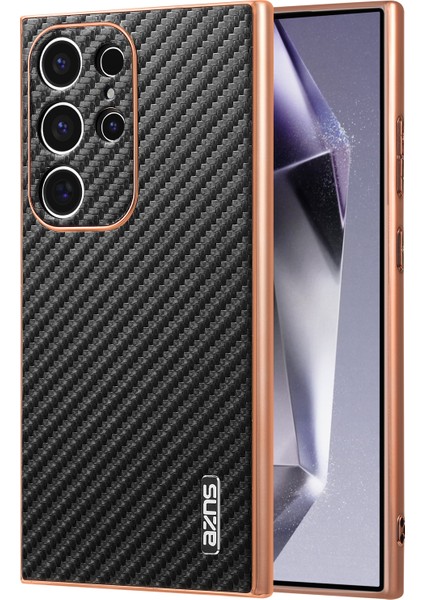 Samsung Galaxy S24 Ultra Kılıf Elektro Kaplama Karbon Fiber Doku Pu+Tpu Telefon Kapağı-Siyah (Yurt Dışından)