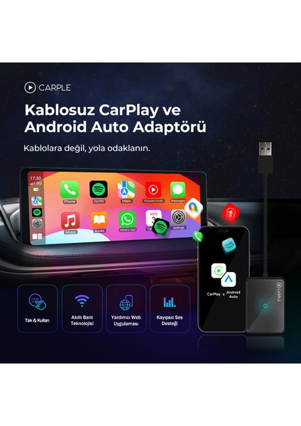 Duo Araç İçi Kablosuz CarPlay ve Android Auto Adaptörü | Apple iOS ve Android Cihazlarla Uyumlu
