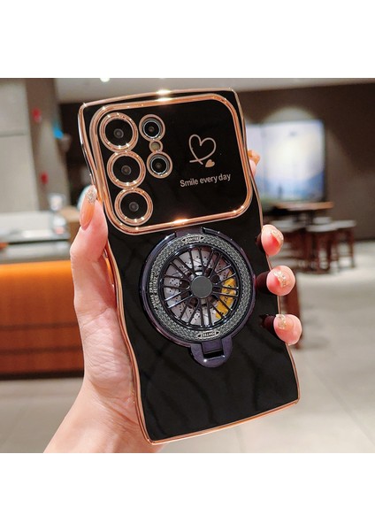 Samsung Galaxy S24 Ultra Kılıf Galvanik Gyro Tasarım Kickstand Yumuşak Tpu Telefon Kapağı-Siyah (Yurt Dışından)