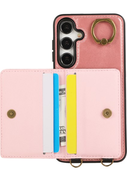 Samsung Galaxy S24 Için Pu Deri Arka Kılıf Kart Tutucu Kickstand Telefon Kılıfı Bilek Kayışlı-Pembe (Yurt Dışından) fiyatları