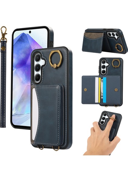 Samsung Galaxy A55 5g Pu Deri Arka Kılıf Kart Tutucu Kickstand Telefon Kılıfı Bilek Kayışı-Mavi (Yurt Dışından)