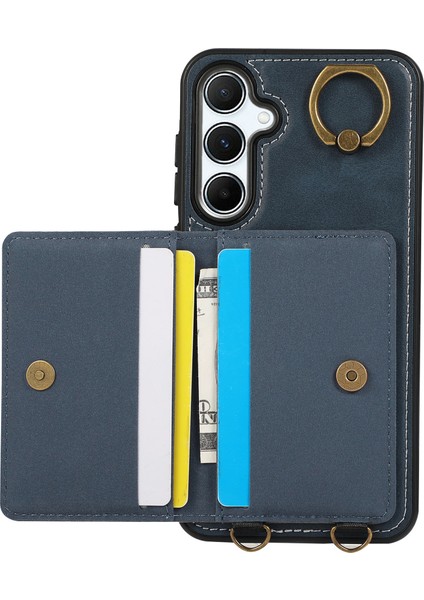 Samsung Galaxy A55 5g Pu Deri Arka Kılıf Kart Tutucu Kickstand Telefon Kılıfı Bilek Kayışı-Mavi (Yurt Dışından)