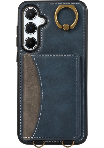 Samsung Galaxy A55 5g Pu Deri Arka Kılıf Kart Tutucu Kickstand Telefon Kılıfı Bilek Kayışı-Mavi (Yurt Dışından)