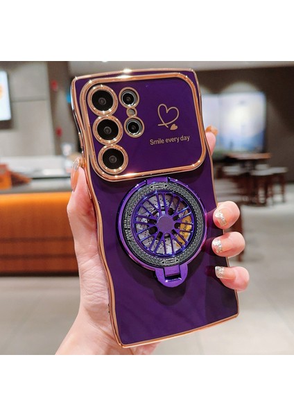 Samsung Galaxy S24 Ultra Kılıf Galvanik Gyro Tasarım Kickstand Yumuşak Tpu Telefon Kapağı-Koyu Mor (Yurt Dışından)