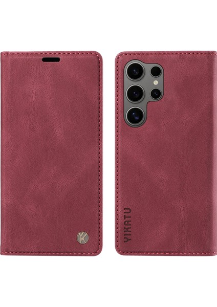 Yıkatu YK-004 Samsung Galaxy S25 Ultra Kılıf Deri Cilt-Dokunmatik Telefon Kapak Manyetik Otomatik Emilmiş-Şarap Kırmızı (Yurt Dışından)