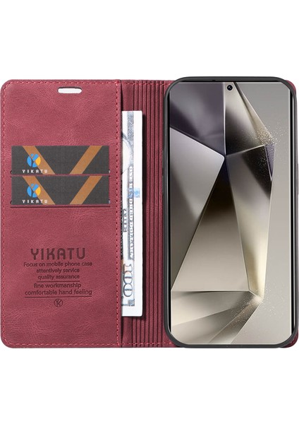 Yıkatu YK-004 Samsung Galaxy S25 Ultra Kılıf Deri Cilt-Dokunmatik Telefon Kapak Manyetik Otomatik Emilmiş-Şarap Kırmızı (Yurt Dışından)