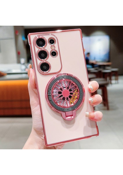 Samsung Galaxy S24 Ultra Kılıf Galvanik Gyro Tasarım Kickstand Yumuşak Tpu Telefon Kapağı-Pembe (Yurt Dışından)