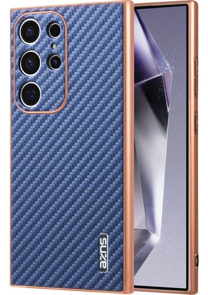 Samsung Galaxy S24 Ultra Kılıf Elektro Kaplama Karbon Fiber Doku Pu+Tpu Telefon Kapağı-Mavi (Yurt Dışından)