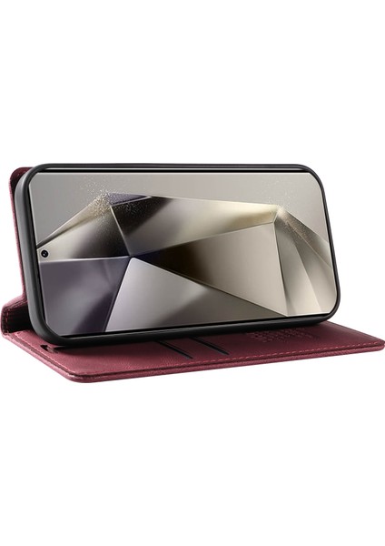 Yıkatu YK-004 Samsung Galaxy S25 Ultra Kılıf Deri Cilt-Dokunmatik Telefon Kapak Manyetik Otomatik Emilmiş-Şarap Kırmızı (Yurt Dışından)