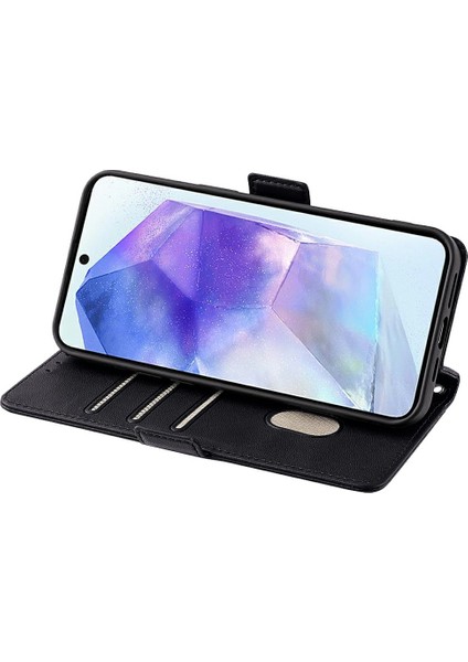 Samsung Galaxy A55 5g Deri Cüzdan Kılıf Rfıd Engelleme El Askılı Stand Kapağı-Siyah (Yurt Dışından)