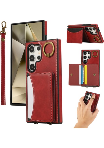 Samsung Galaxy S24 Ultra Pu Deri Arka Kılıf Kart Tutucu Kickstand Telefon Kılıfı Bilek Kayışlı-Kırmızı (Yurt Dışından)