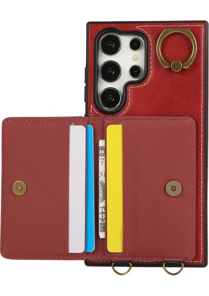 Samsung Galaxy S24 Ultra Pu Deri Arka Kılıf Kart Tutucu Kickstand Telefon Kılıfı Bilek Kayışlı-Kırmızı (Yurt Dışından) fiyatları