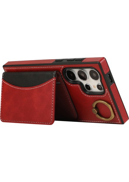 Samsung Galaxy S24 Ultra Pu Deri Arka Kılıf Kart Tutucu Kickstand Telefon Kılıfı Bilek Kayışlı-Kırmızı (Yurt Dışından) modelleri