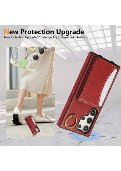 Samsung Galaxy S24 Ultra Pu Deri Arka Kılıf Kart Tutucu Kickstand Telefon Kılıfı Bilek Kayışlı-Kırmızı (Yurt Dışından) fırsatları