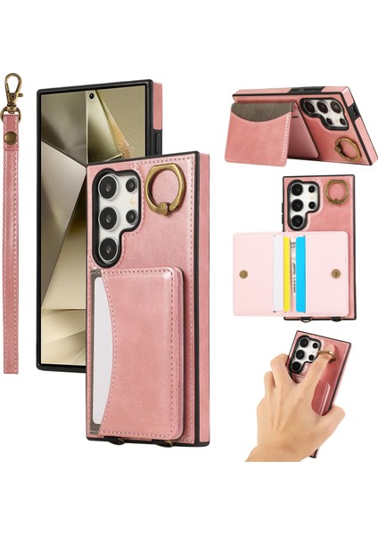 Samsung Galaxy S24 Ultra Pu Deri Arka Kılıf Kart Tutucu Kickstand Telefon Kılıfı Bilek Kayışlı-Pembe (Yurt Dışından)