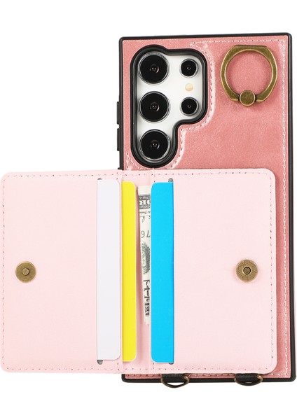 Samsung Galaxy S24 Ultra Pu Deri Arka Kılıf Kart Tutucu Kickstand Telefon Kılıfı Bilek Kayışlı-Pembe (Yurt Dışından) fiyatları