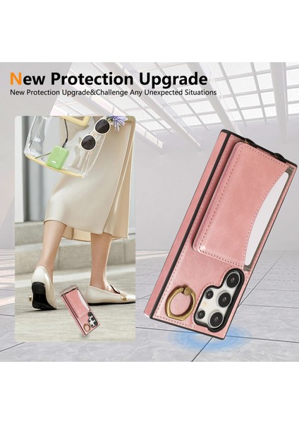 Samsung Galaxy S24 Ultra Pu Deri Arka Kılıf Kart Tutucu Kickstand Telefon Kılıfı Bilek Kayışlı-Pembe (Yurt Dışından) fırsatları