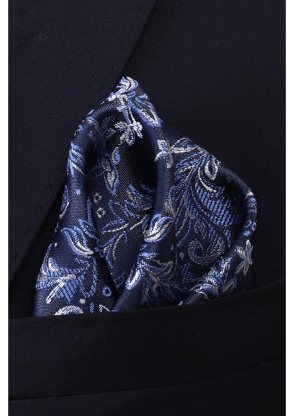 Hand Made Desenli Lacivert Gri Kravat & Mendil & Özel Tasarım Kol Düğmesi Hediye Seti