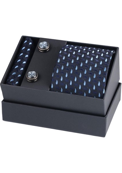Hand Made Damla Desen Mavi Siyah Kravat & Mendil & Kol Düğmesi Hediye Seti