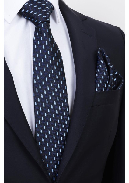 Hand Made Damla Desen Mavi Siyah Kravat & Mendil & Kol Düğmesi Hediye Seti modelleri