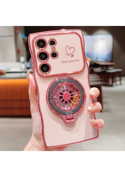 Samsung Galaxy S24 Ultra Kılıf Galvanik Gyro Tasarım Kickstand Yumuşak Tpu Telefon Kapağı-Pembe (Yurt Dışından)