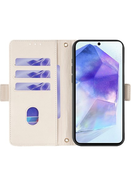 Samsung Galaxy A55 5g Deri Cüzdan Kılıf Rfıd Engelleme El Kayışı Stand Kapağı-Beyaz (Yurt Dışından)