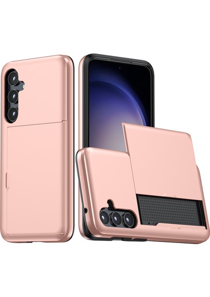 Samsung Galaxy S25 Kılıf Kart Tutuculu Tpu+Pc Telefon Arka Kapak-Pembe Altın (Yurt Dışından)
