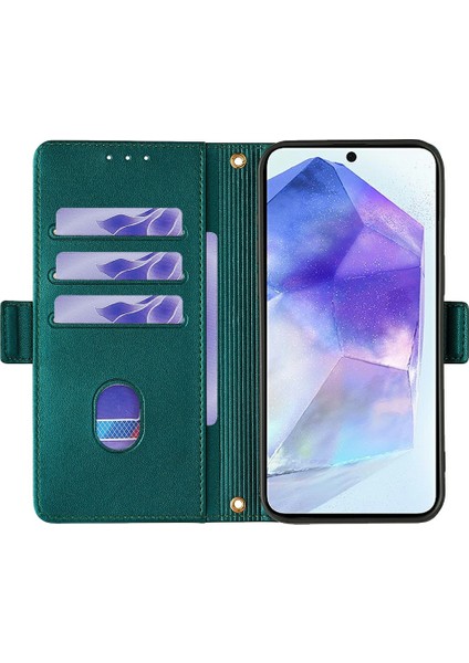 Samsung Galaxy A55 5g Deri Cüzdan Kılıf Rfıd Engelleme El Askılı Stand Kapağı-Yeşil (Yurt Dışından)