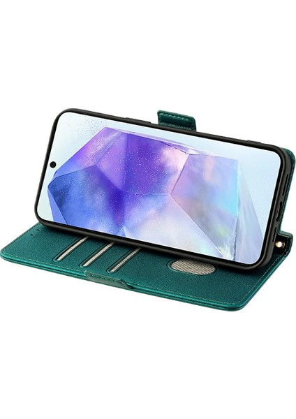 Samsung Galaxy A55 5g Deri Cüzdan Kılıf Rfıd Engelleme El Askılı Stand Kapağı-Yeşil (Yurt Dışından)