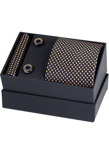 Hand Made Sarı Lacivert Kravat & Mendil & Kol Düğmesi Hediye Seti