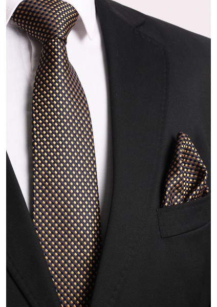 Hand Made Sarı Lacivert Kravat & Mendil & Kol Düğmesi Hediye Seti modelleri