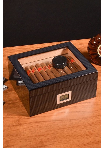 Karbon Fiber Camlı Dijital Humidor Puro Kutusu RD06X