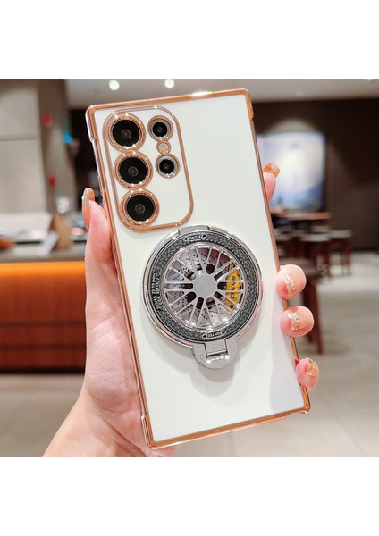 Samsung Galaxy S24 Ultra Kılıf Galvanik Gyro Tasarım Kickstand Yumuşak Tpu Telefon Kapağı-Fildişi Beyazı (Yurt Dışından)