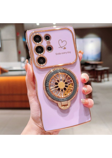 Samsung Galaxy S24 Ultra Kılıf Galvanik Gyro Tasarım Kickstand Yumuşak Tpu Telefon Kapağı-Mor (Yurt Dışından)