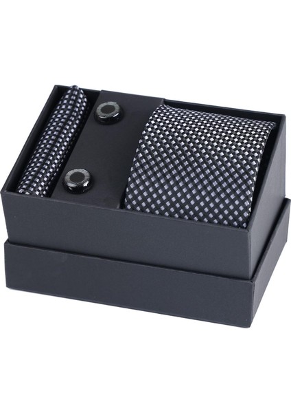 Hand Made Desenli Siyah Gri Kravat & Mendil & Kol Düğmesi Hediye Seti