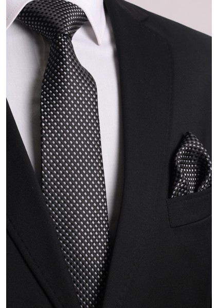 Hand Made Desenli Siyah Gri Kravat & Mendil & Kol Düğmesi Hediye Seti modelleri