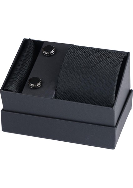 Hand Made Desenli Siyah Kravat & Mendil & Siyah Mineli Kol Düğmesi Hediye Seti