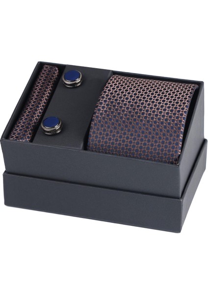 Hand Made Desenli Kahve Lacivert Kravat & Mendil & Kol Düğmesi Hediye Seti