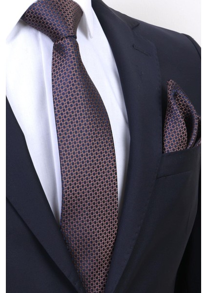 Hand Made Desenli Kahve Lacivert Kravat & Mendil & Kol Düğmesi Hediye Seti modelleri