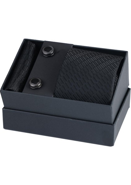 Hand Made Desenli Siyah Kravat & Mendil & Siyah Kol Düğmesi Hediye Seti