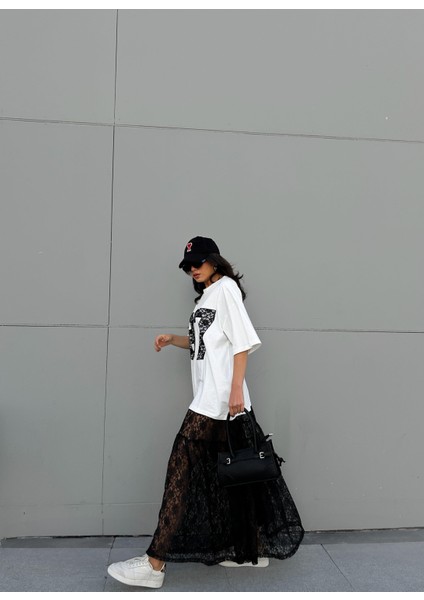 Kadın Ekru Dantel Nakışlı Oversize T-Shirt 29055 fiyatları