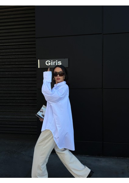 Kadın Beyaz Özel Tasarım %100 Pamuk Oversize Tunik Boy Uzun Gömlek 29017