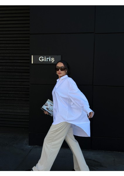 Kadın Beyaz Özel Tasarım %100 Pamuk Oversize Tunik Boy Uzun Gömlek 29017 fiyatları