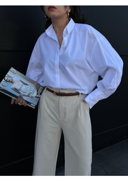 Kadın Beyaz Özel Tasarım %100 Pamuk Oversize Tunik Boy Uzun Gömlek 29017 fırsatları