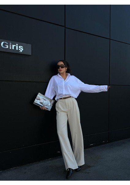 Kadın Beyaz Özel Tasarım %100 Pamuk Oversize Tunik Boy Uzun Gömlek 29017 indirimleri