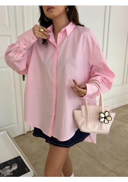 Kadın Pembe Özel Tasarım %100 Pamuk Oversize Tunik Boy Uzun Gömlek 29017 fiyatları