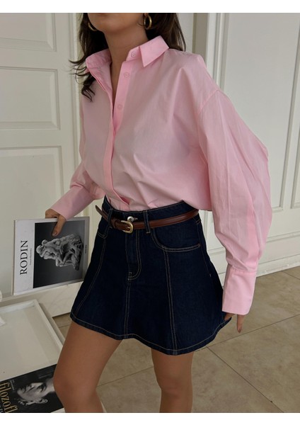 Kadın Pembe Özel Tasarım %100 Pamuk Oversize Tunik Boy Uzun Gömlek 29017 modelleri