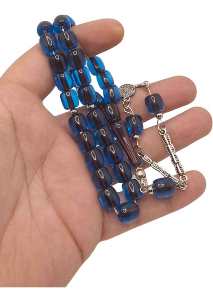 Kapsül Kesim Mavi Özel Püsküllü Toz Kehribar Tesbih